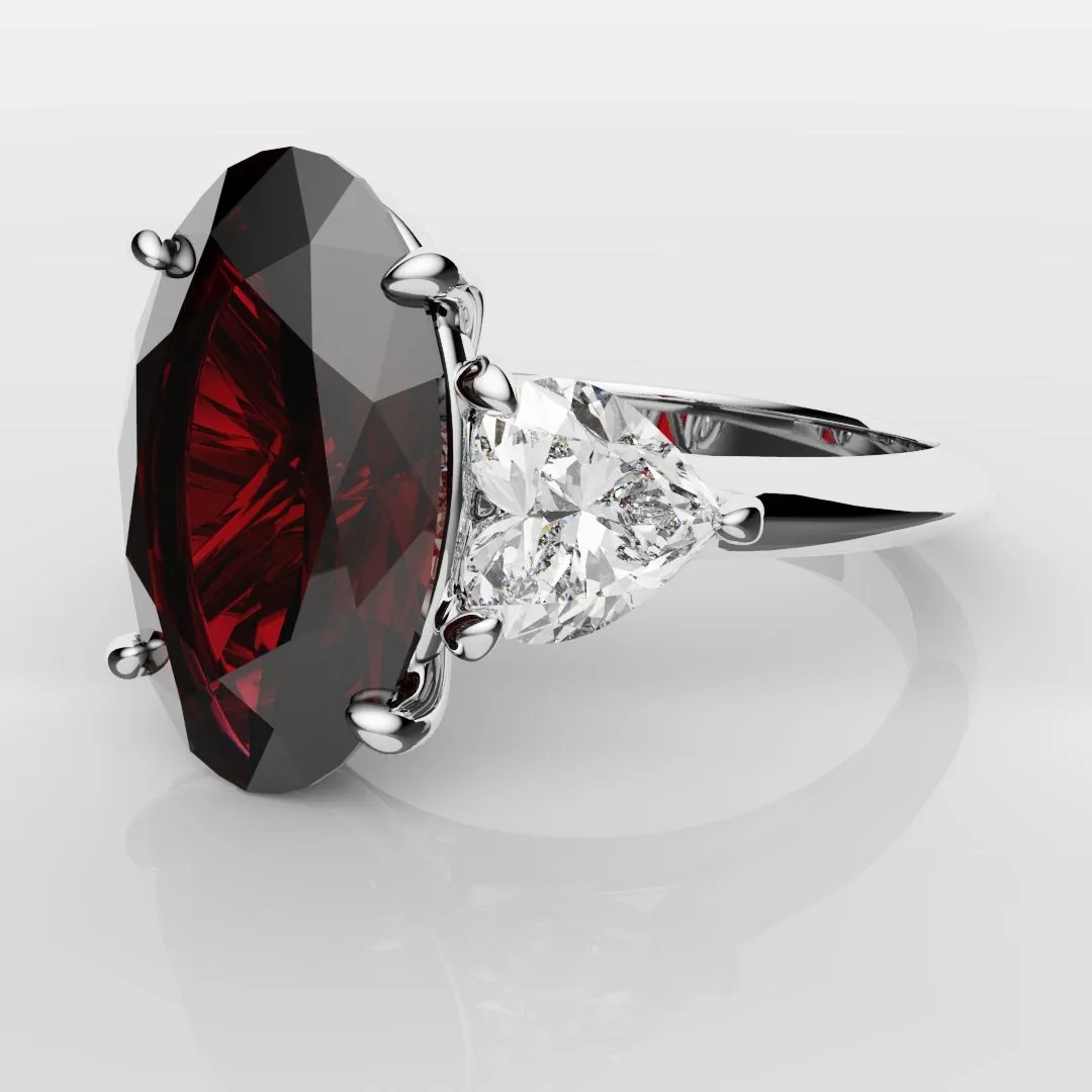 Oval Ruby and Heart Diamond Trilogy Engagement Ring