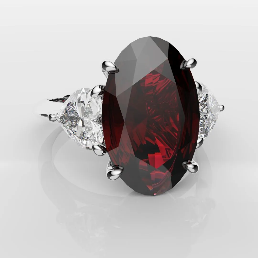 Oval Ruby and Heart Diamond Trilogy Engagement Ring