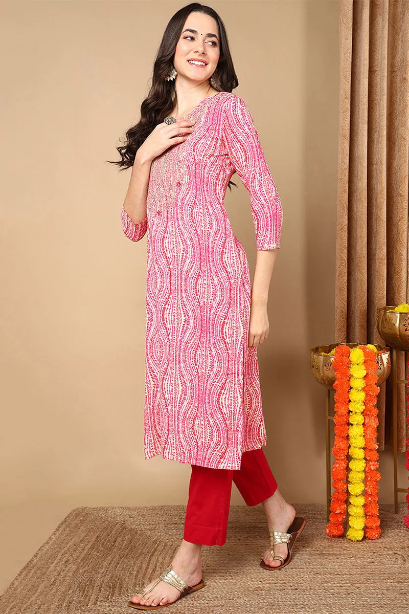 Pink Viscose Rayon Abstract Printed Straight Kurta