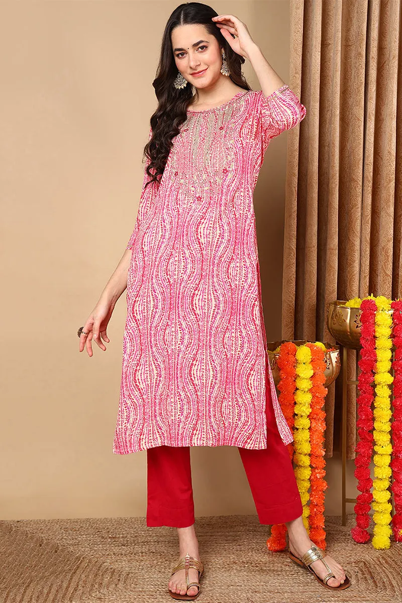 Pink Viscose Rayon Abstract Printed Straight Kurta
