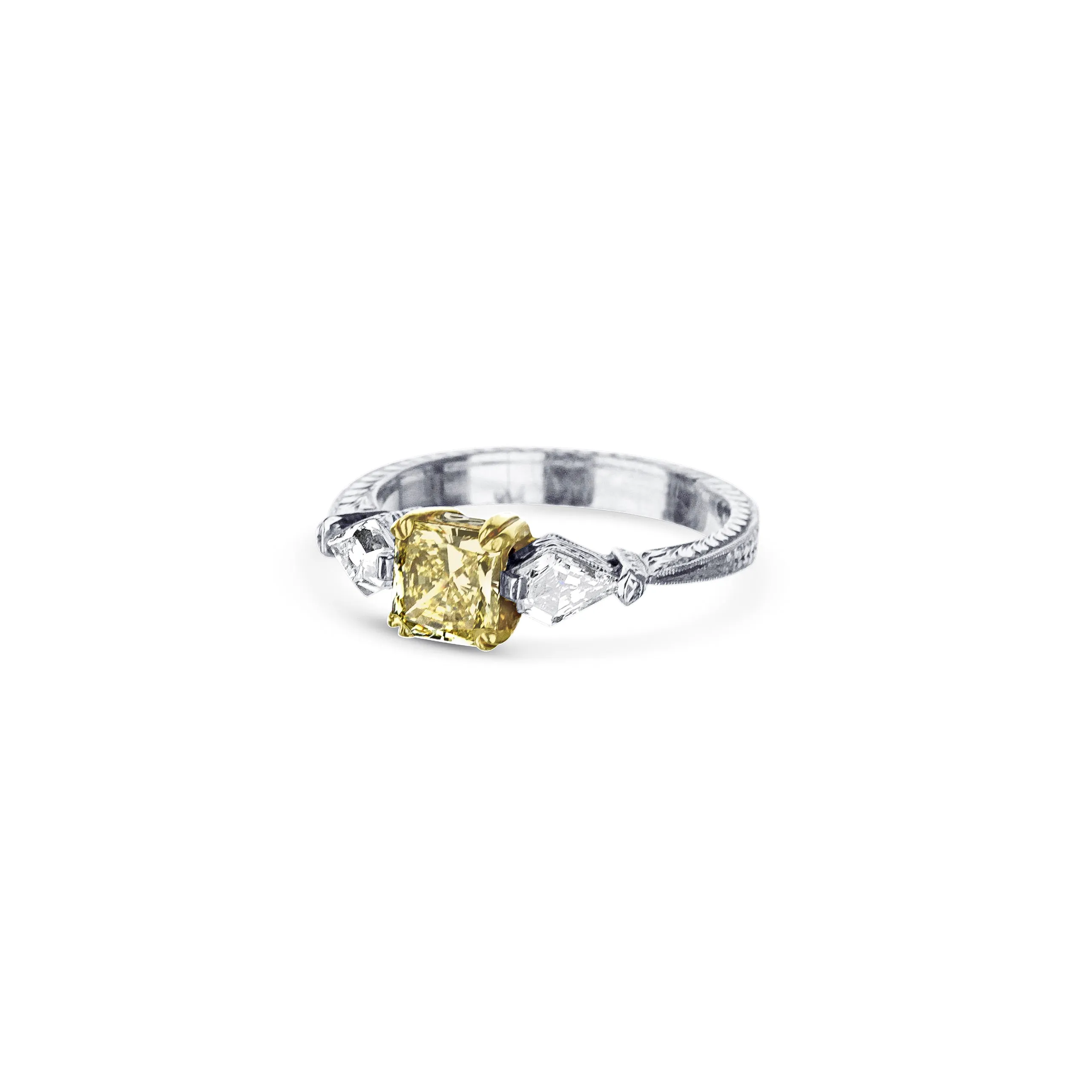Platinum And 18K Yellow Gold Square Radiant-Cut Fancy Intense Yellow Diamond Engagement Ring With Hand-Engraving