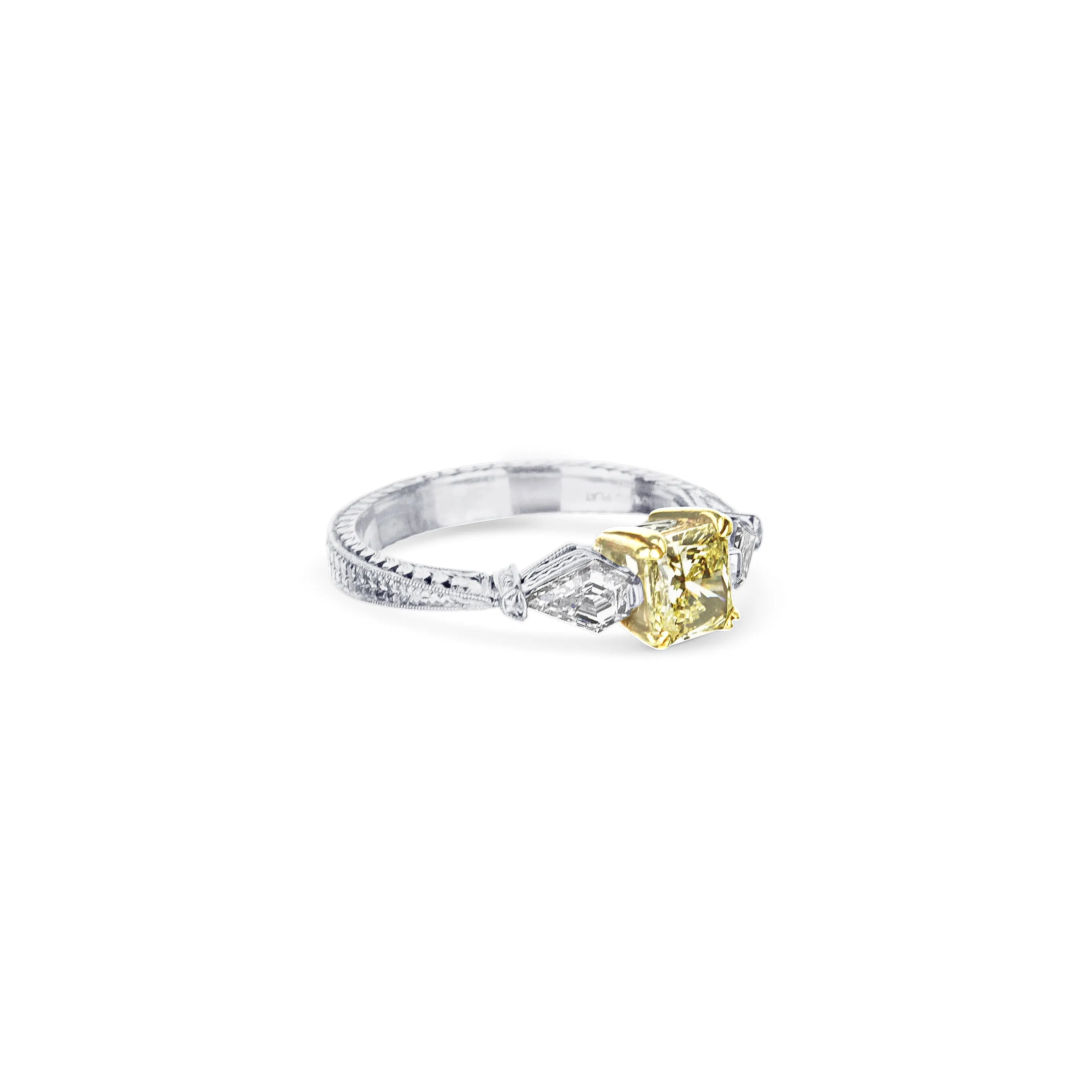Platinum And 18K Yellow Gold Square Radiant-Cut Fancy Intense Yellow Diamond Engagement Ring With Hand-Engraving