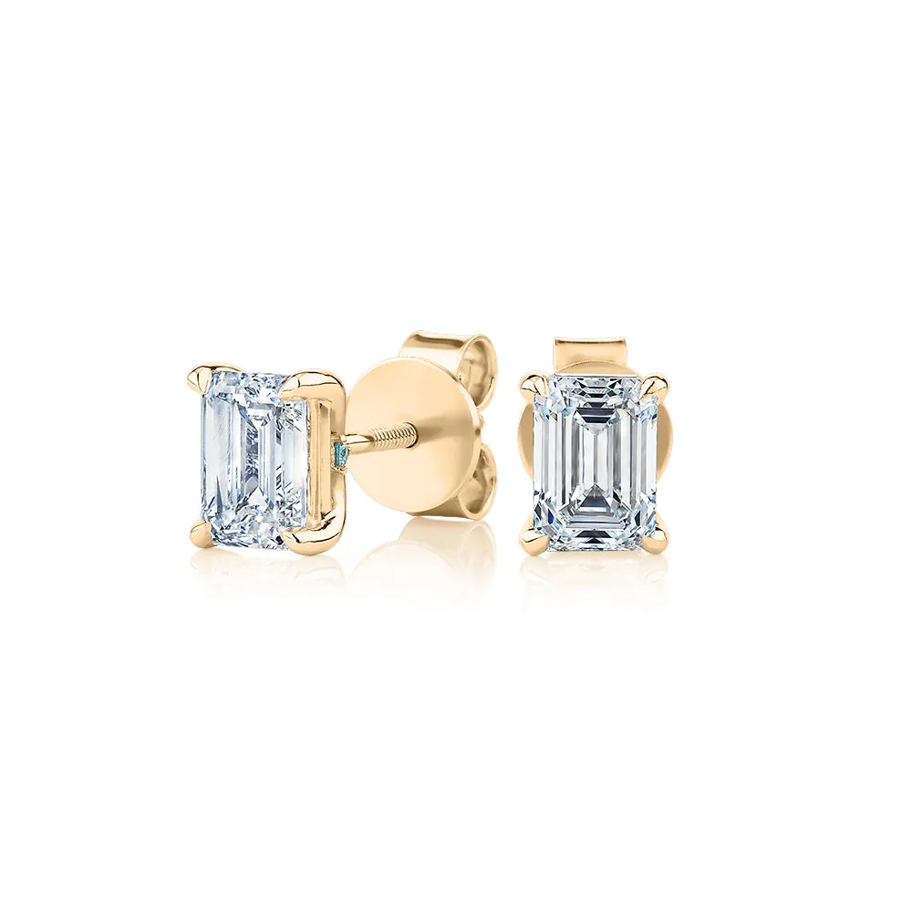 Premium Certified Laboratory Created Diamond, 1.40 carat TW emerald cut stud earrings in 18 carat yellow gold
