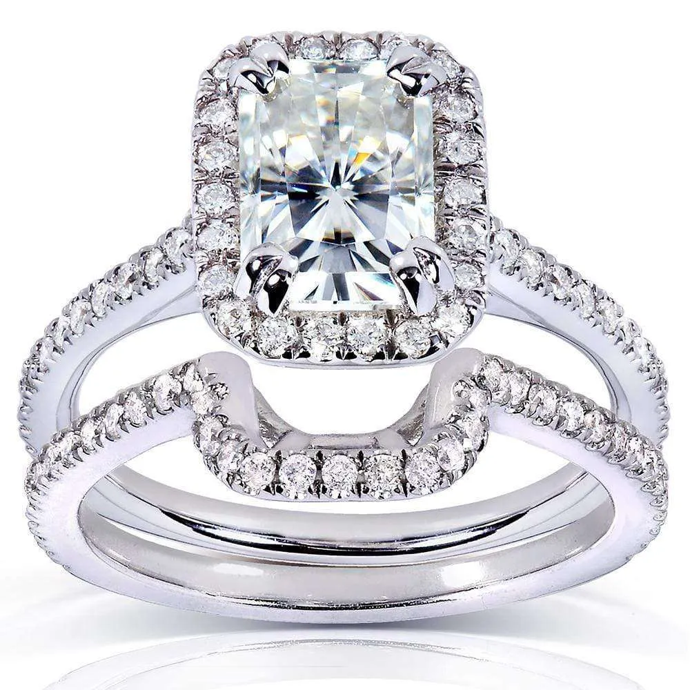 Radiant-cut Moissanite & Round-cut Diamond Bridal Set 1 3/5 CTW 14k White Gold