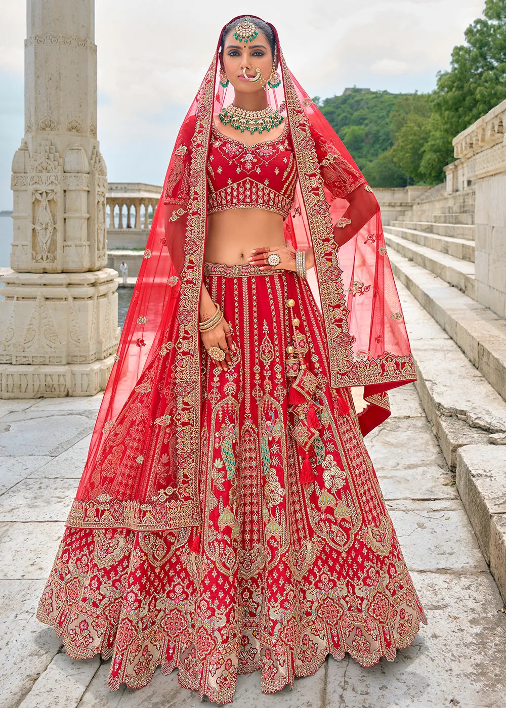 Radiant Red Silk Embroidered Bridal Wear Lehenga Choli