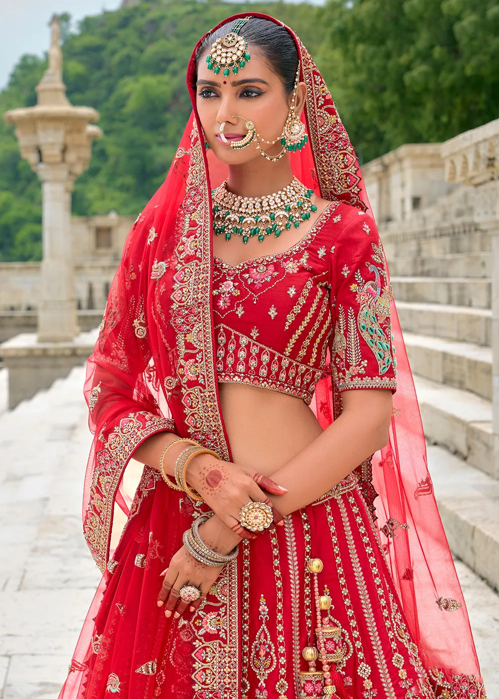 Radiant Red Silk Embroidered Bridal Wear Lehenga Choli
