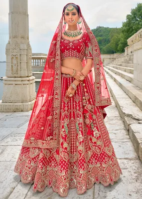 Radiant Red Silk Embroidered Bridal Wear Lehenga Choli