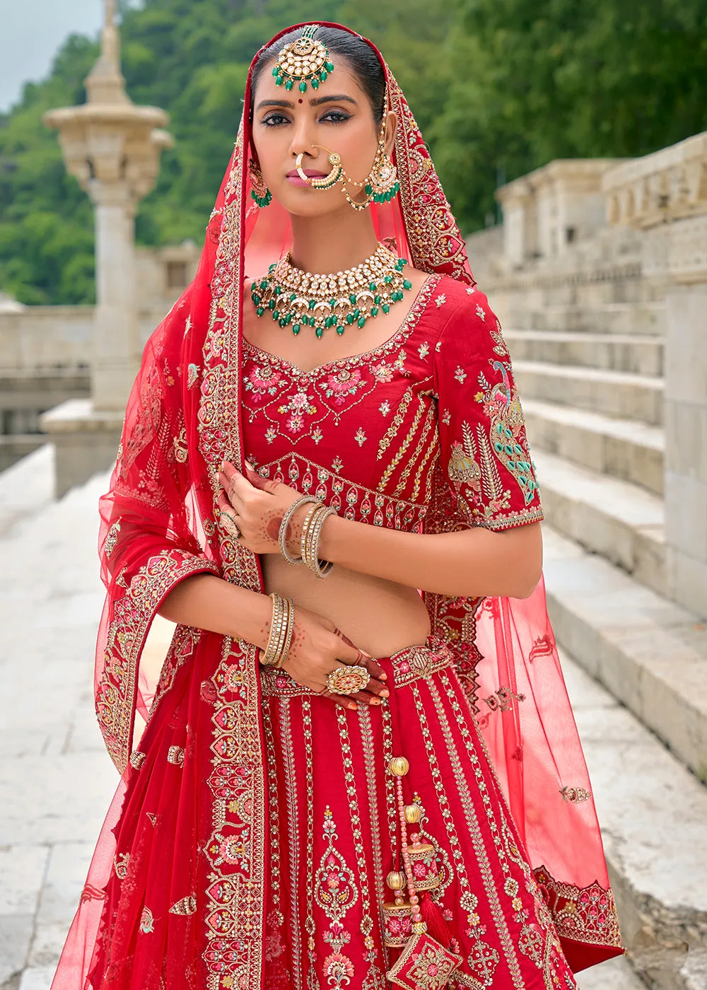 Radiant Red Silk Embroidered Bridal Wear Lehenga Choli