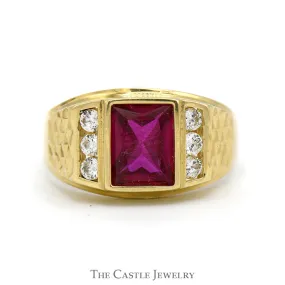 Rectangle Shaped Synthetic Ruby Ring with Channel Set Cubic Zirconia Sides in 14k Yellow Gold