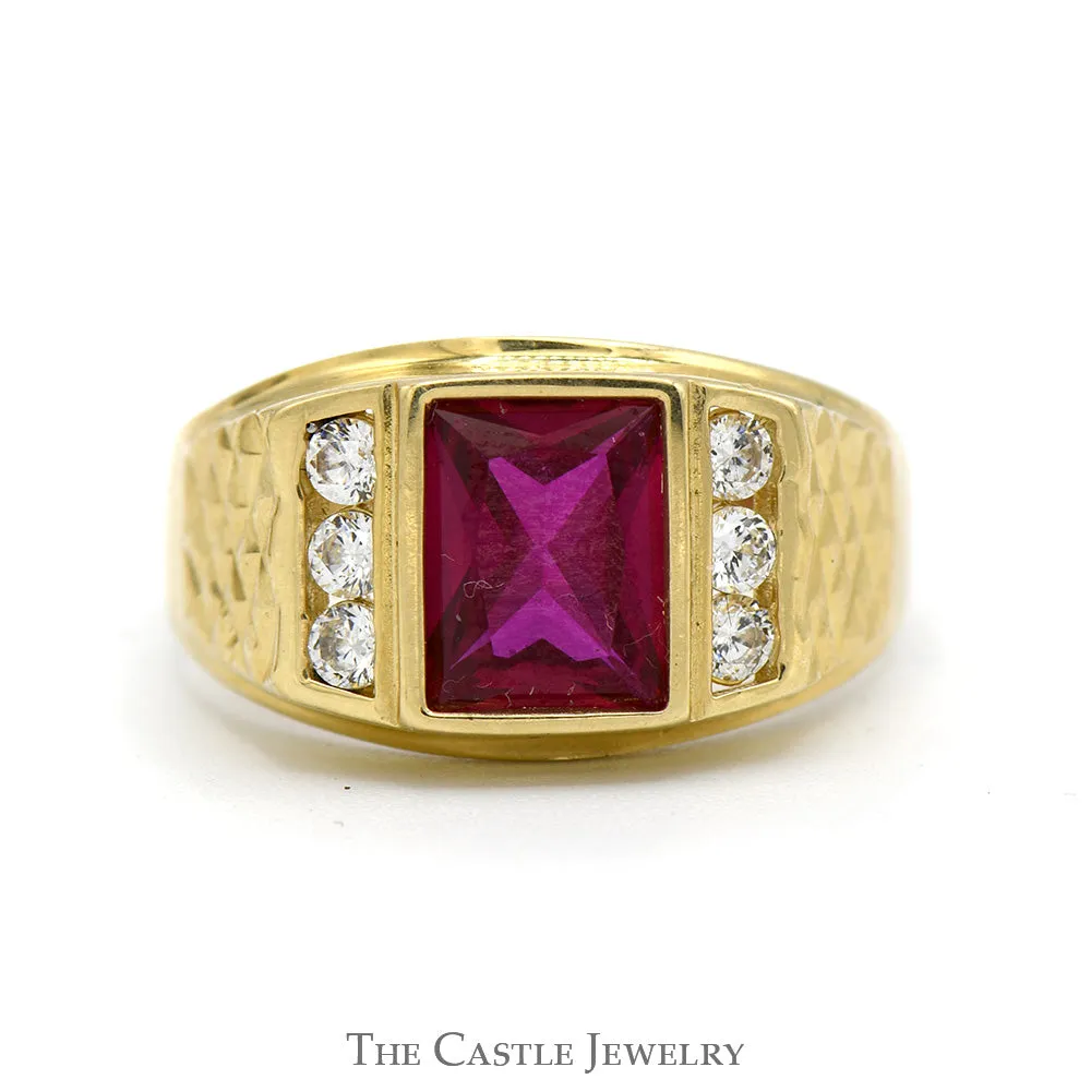 Rectangle Shaped Synthetic Ruby Ring with Channel Set Cubic Zirconia Sides in 14k Yellow Gold
