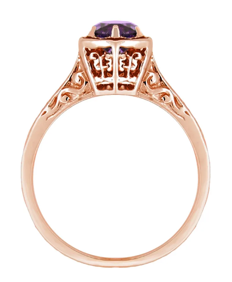Rose Gold Art Deco Engraved Hexagon Filigree 3/4 Carat Amethyst Solitaire Ring