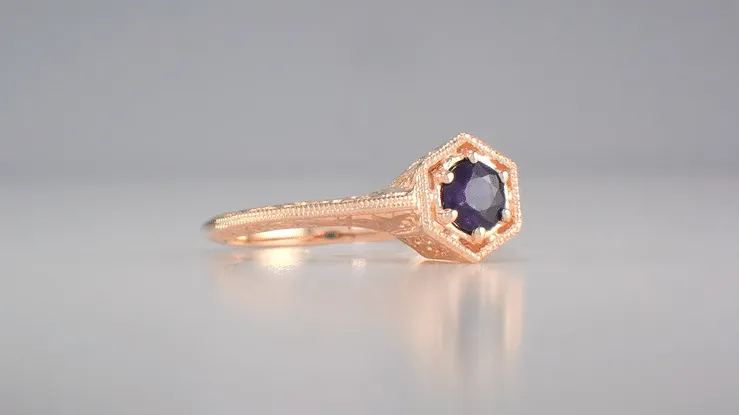 Rose Gold Art Deco Engraved Hexagon Filigree 3/4 Carat Amethyst Solitaire Ring