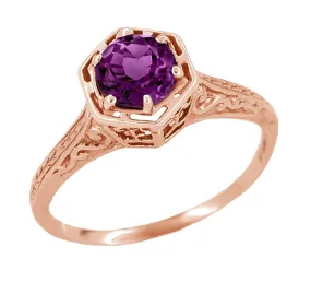 Rose Gold Art Deco Engraved Hexagon Filigree 3/4 Carat Amethyst Solitaire Ring