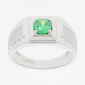 Round Green Emerald Sterling Silver Ring with Moissanite Accent