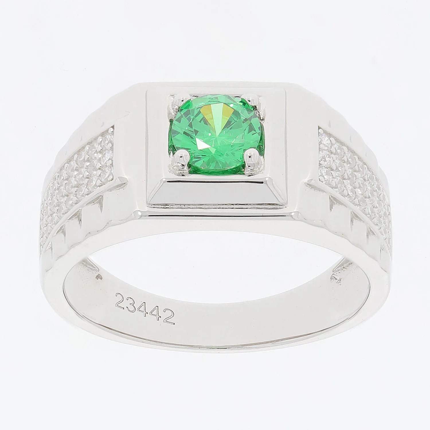 Round Green Emerald Sterling Silver Ring with Moissanite Accent
