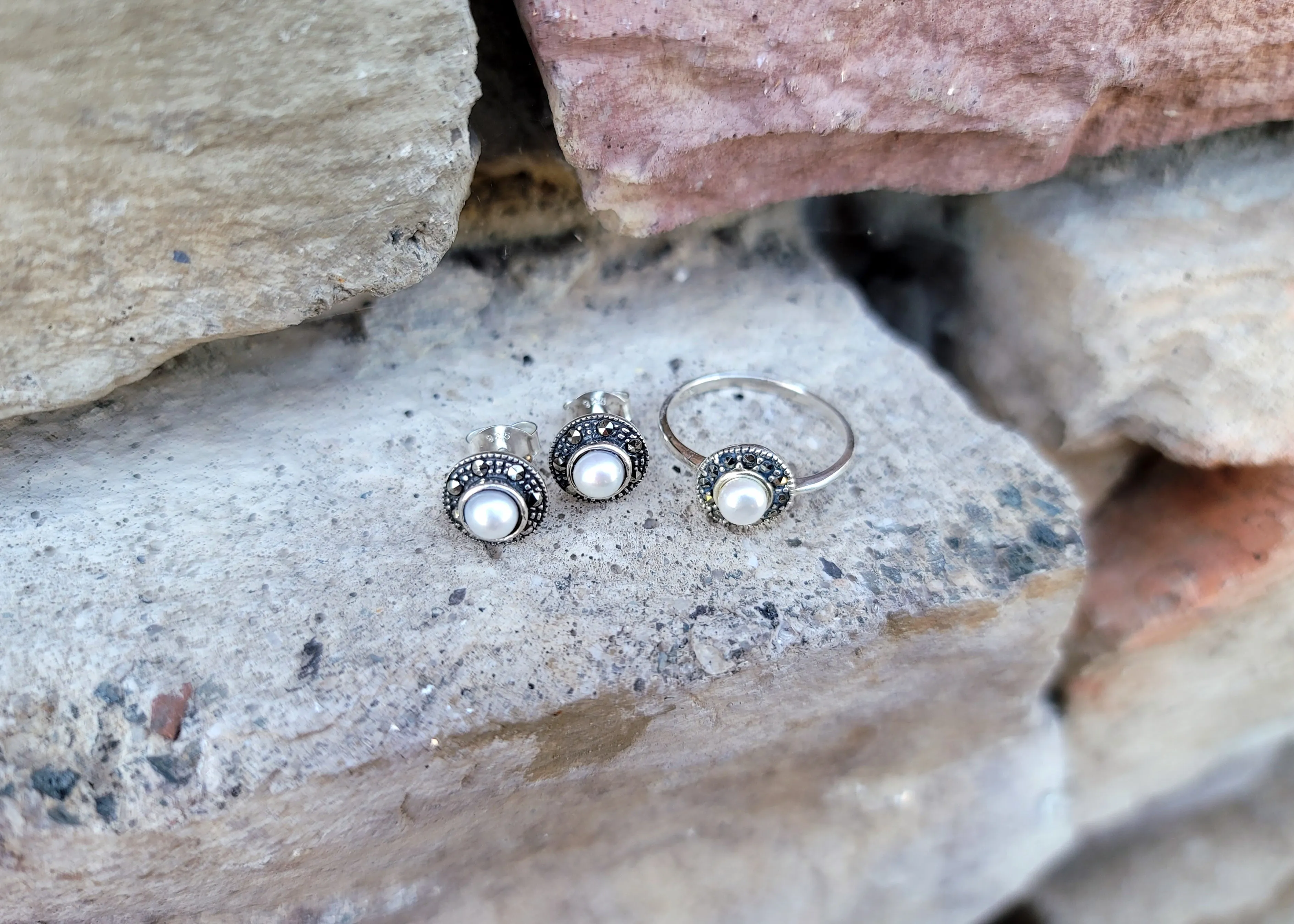 Round Marcasite Pearl Earrings
