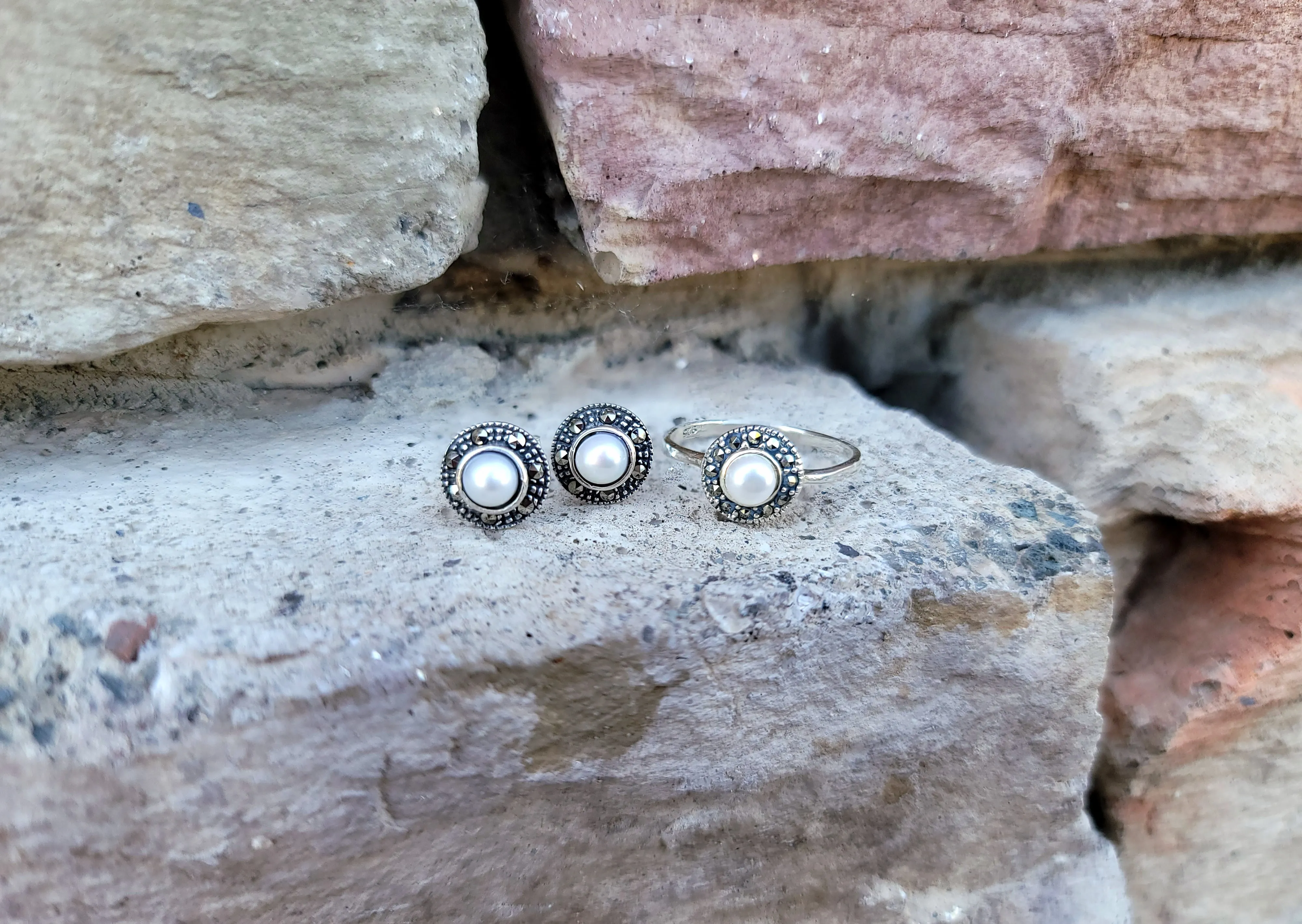 Round Marcasite Pearl Earrings