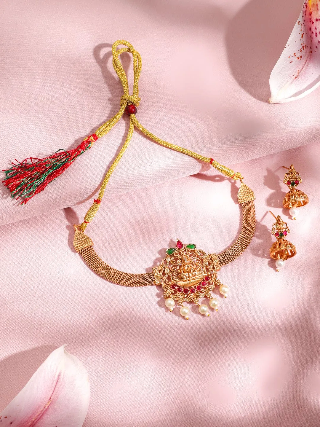 Rubans 22K Gold Plated Lakshmi Motif Ruby & Emerald Stones Pearl Choker Jewellery Set