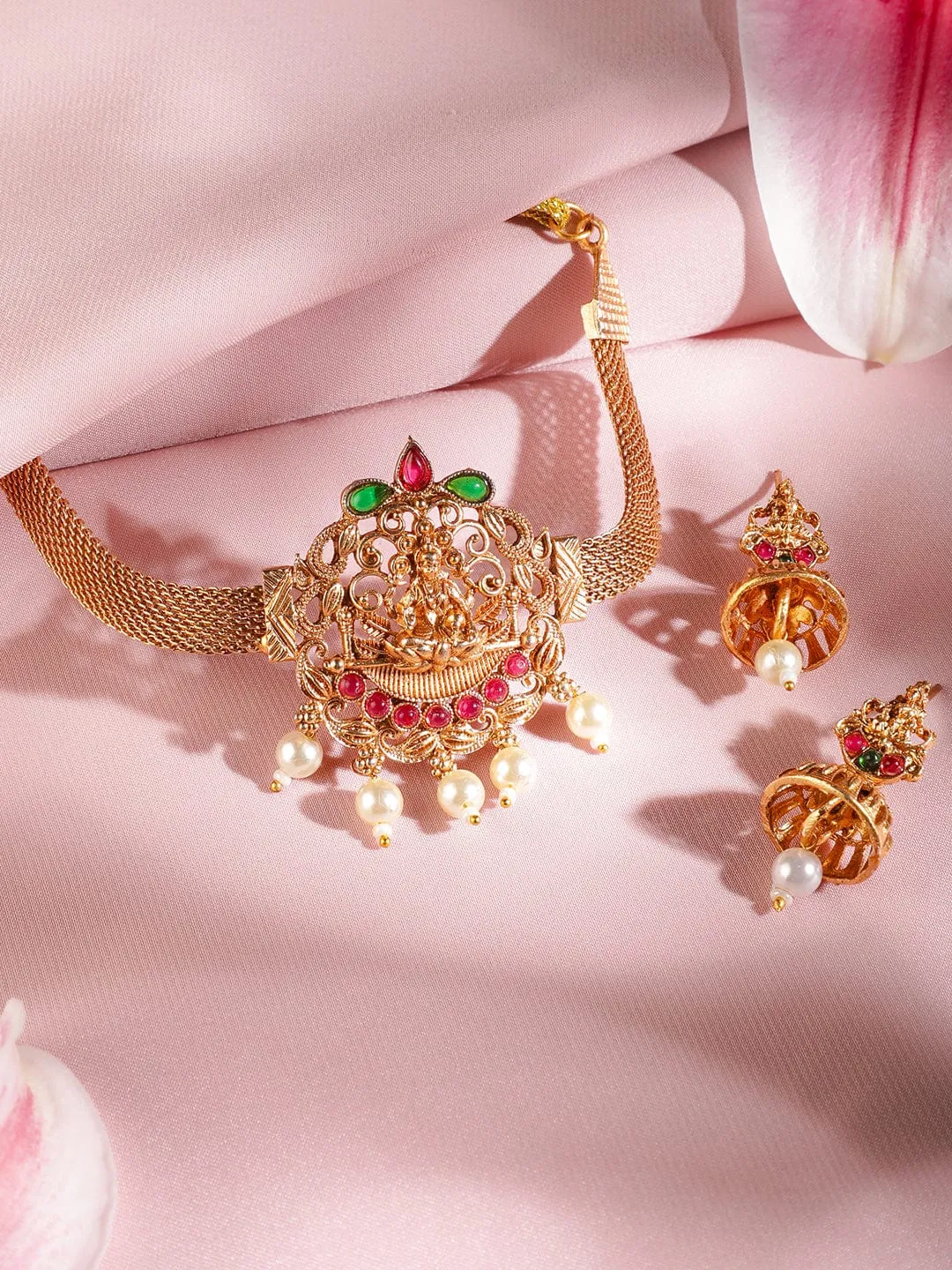Rubans 22K Gold Plated Lakshmi Motif Ruby & Emerald Stones Pearl Choker Jewellery Set