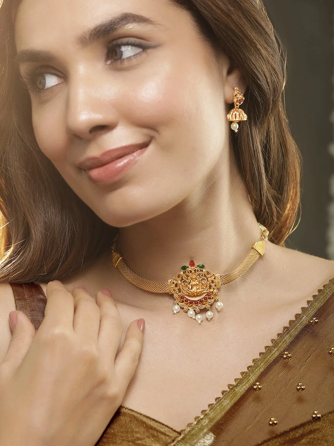 Rubans 22K Gold Plated Lakshmi Motif Ruby & Emerald Stones Pearl Choker Jewellery Set