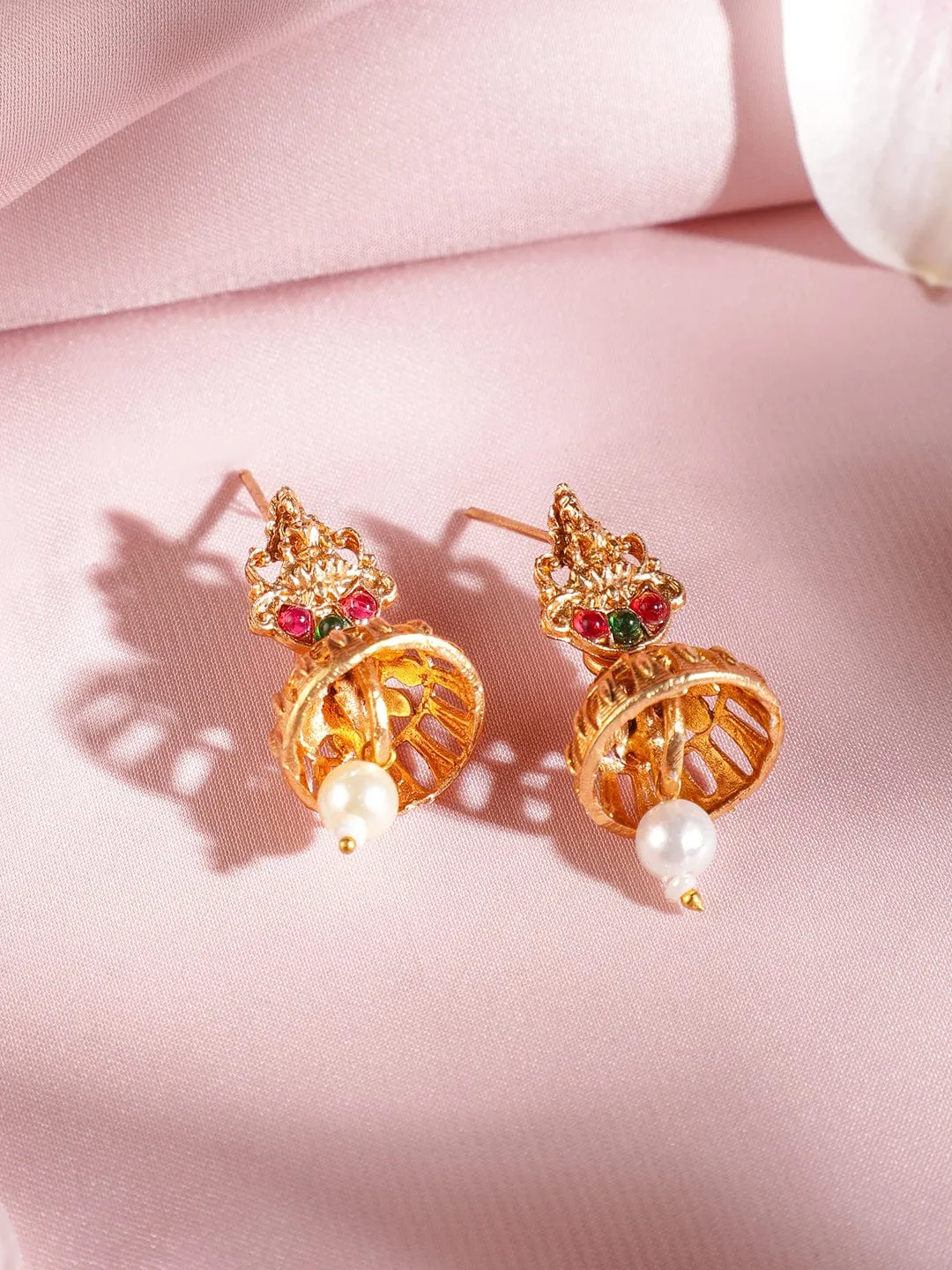 Rubans 22K Gold Plated Lakshmi Motif Ruby & Emerald Stones Pearl Choker Jewellery Set