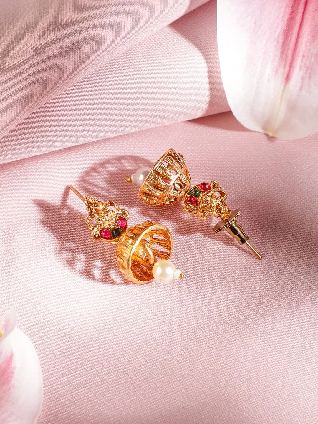 Rubans 22K Gold Plated Lakshmi Motif Ruby & Emerald Stones Pearl Choker Jewellery Set