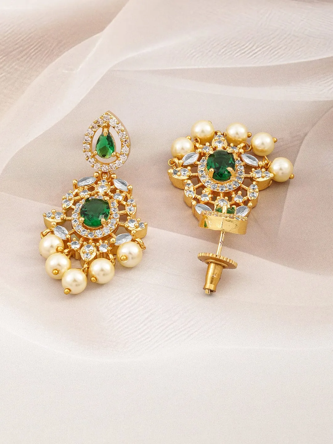 Rubans 22KT Gold-Plated Emerald Green & Cubic Zirconia Studded Chandelie with Pearl Drops