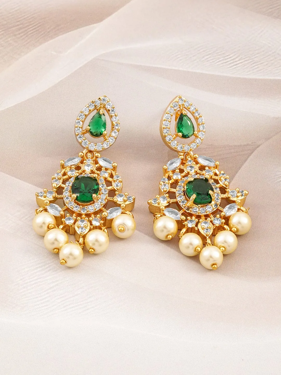 Rubans 22KT Gold-Plated Emerald Green & Cubic Zirconia Studded Chandelie with Pearl Drops