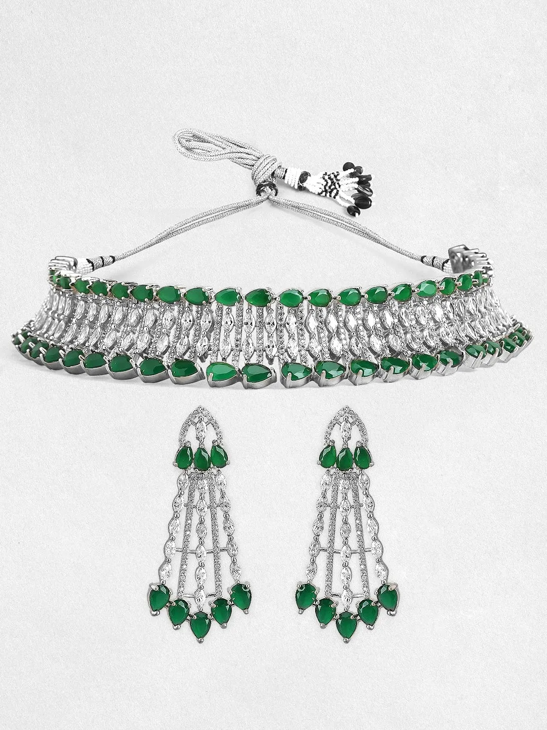 Rubans Rhodium-Plated Emerald Green & White Cubic Zirconia Studded Choker Necklace Set