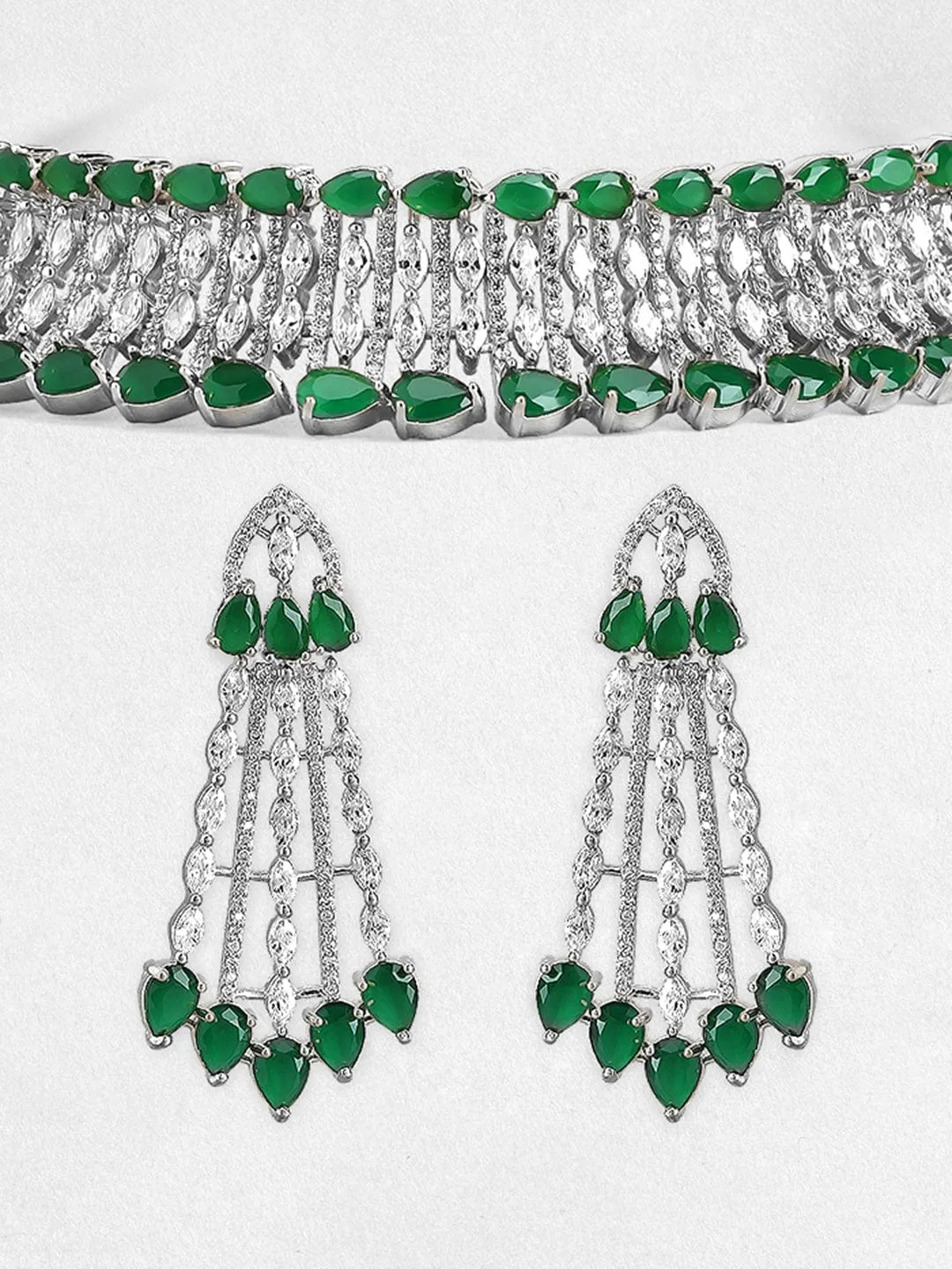 Rubans Rhodium-Plated Emerald Green & White Cubic Zirconia Studded Choker Necklace Set