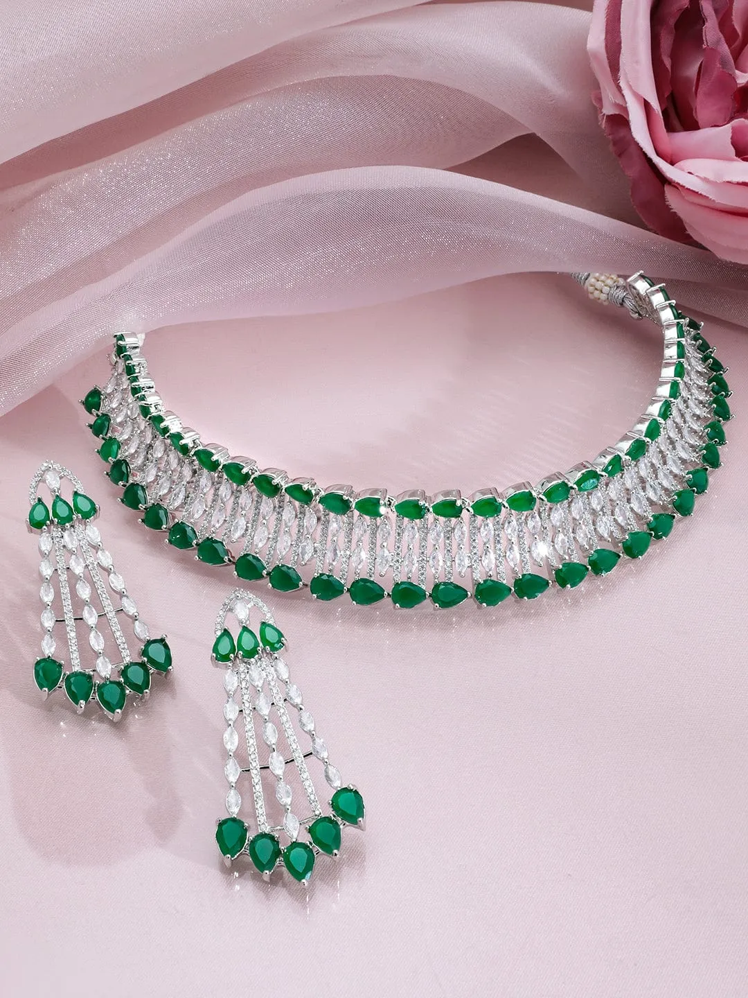 Rubans Rhodium-Plated Emerald Green & White Cubic Zirconia Studded Choker Necklace Set