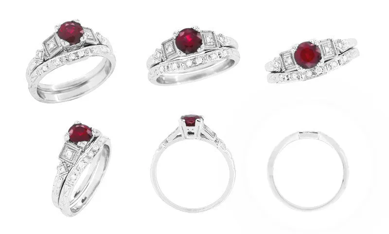Ruby and Diamond Geometric Art Deco Engagement Ring in 18 Karat White Gold