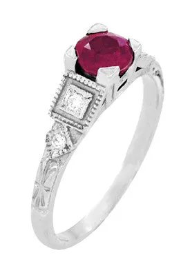 Ruby and Diamond Geometric Art Deco Engagement Ring in 18 Karat White Gold