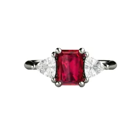 Ruby Emerald Cut Engagement Ring 3 Stone White Sapphire Trillions