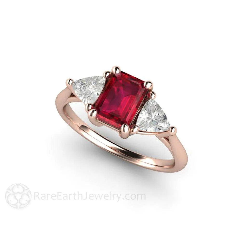 Ruby Emerald Cut Engagement Ring 3 Stone White Sapphire Trillions
