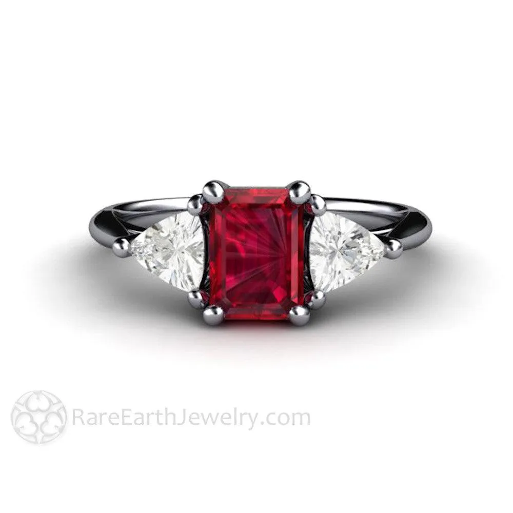 Ruby Emerald Cut Engagement Ring 3 Stone White Sapphire Trillions