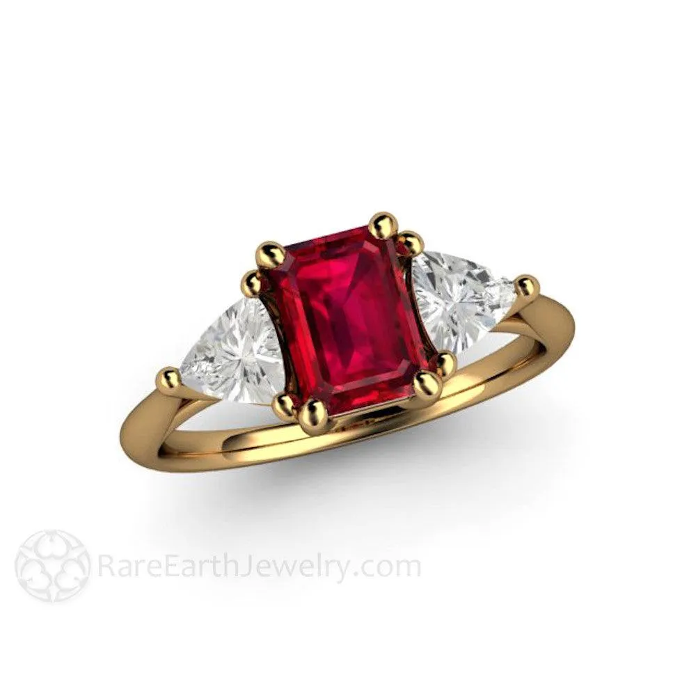 Ruby Emerald Cut Engagement Ring 3 Stone White Sapphire Trillions