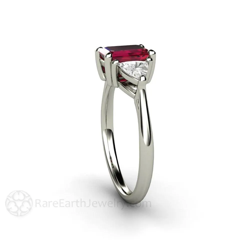 Ruby Emerald Cut Engagement Ring 3 Stone White Sapphire Trillions