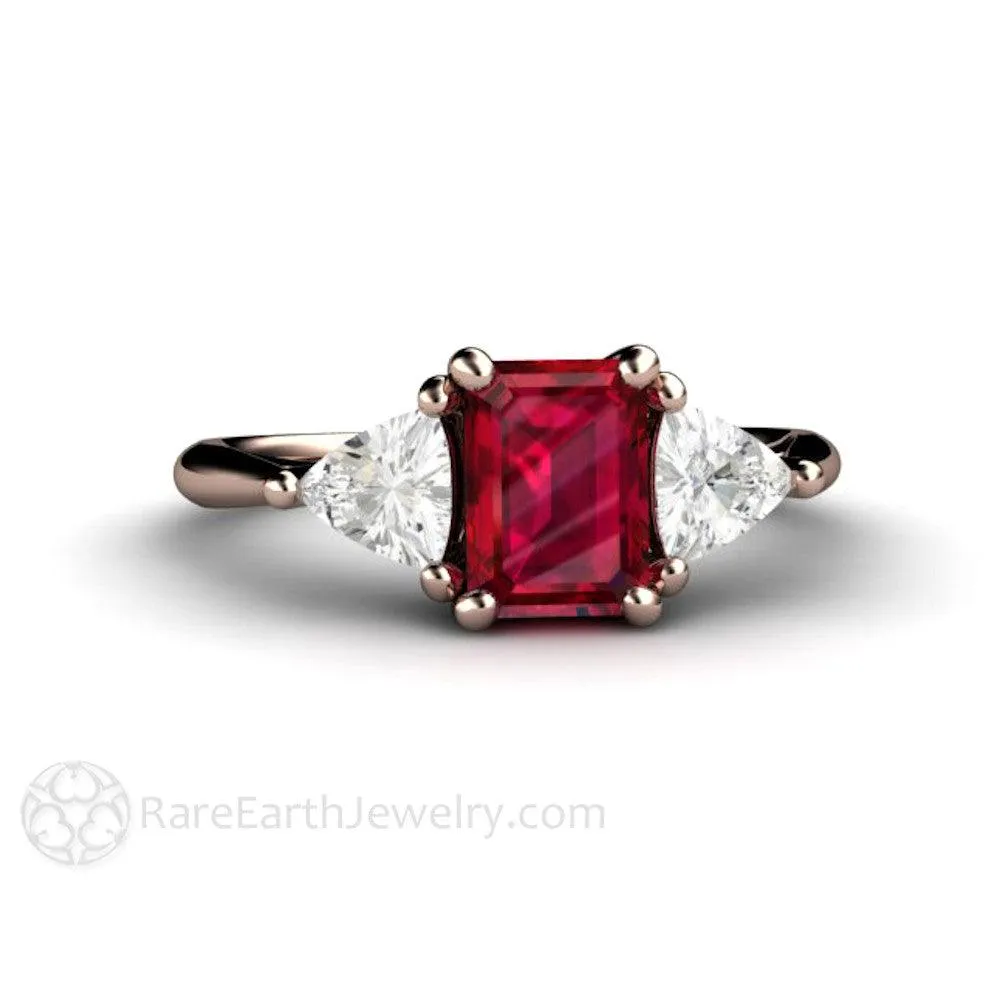 Ruby Emerald Cut Engagement Ring 3 Stone White Sapphire Trillions