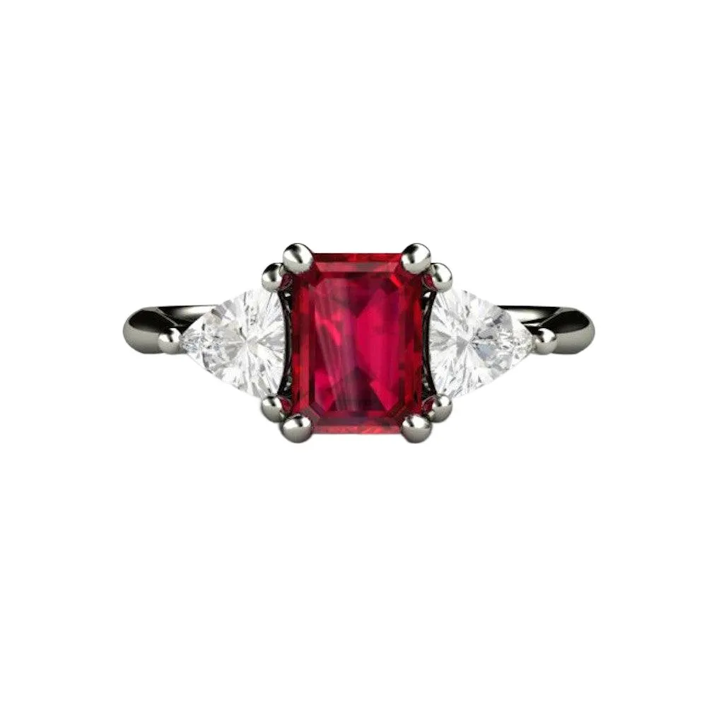 Ruby Emerald Cut Engagement Ring 3 Stone White Sapphire Trillions