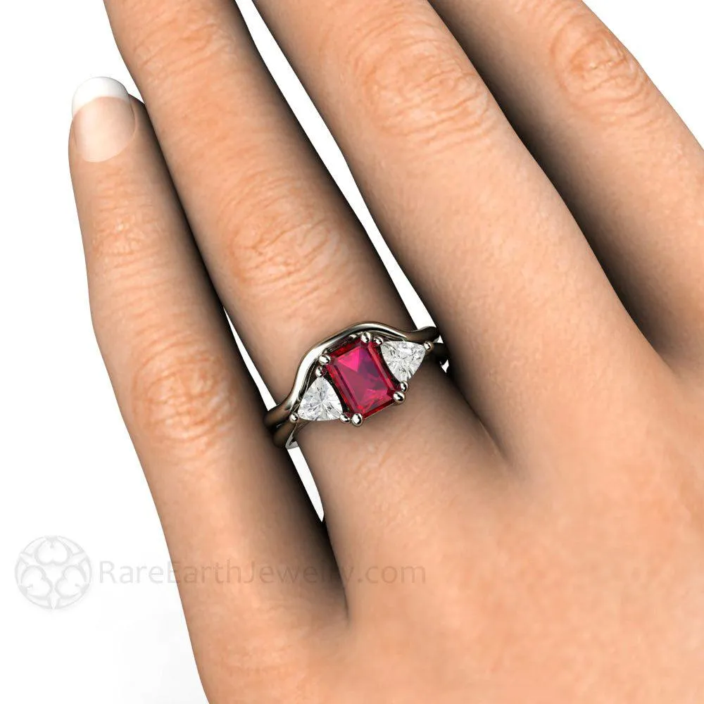 Ruby Emerald Cut Engagement Ring 3 Stone White Sapphire Trillions
