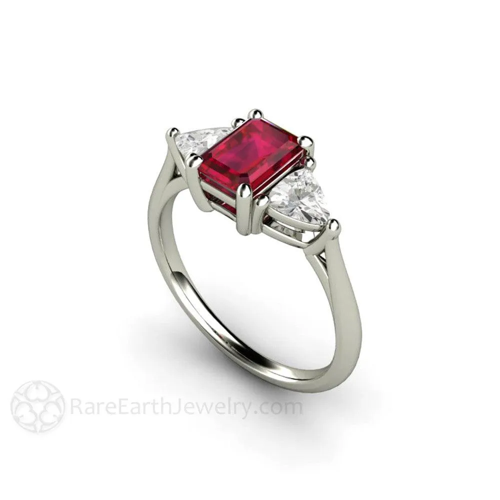 Ruby Emerald Cut Engagement Ring 3 Stone White Sapphire Trillions