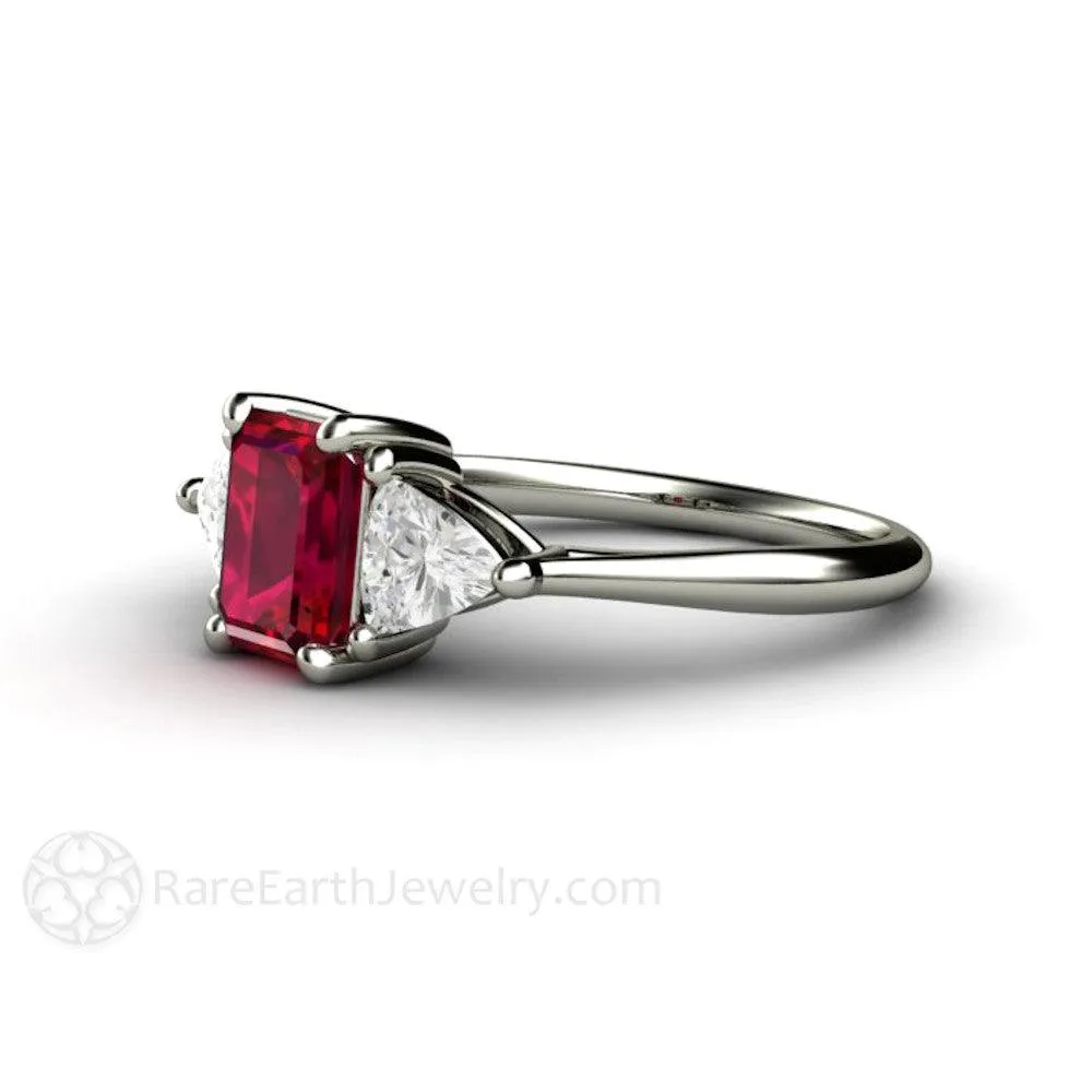 Ruby Emerald Cut Engagement Ring 3 Stone White Sapphire Trillions