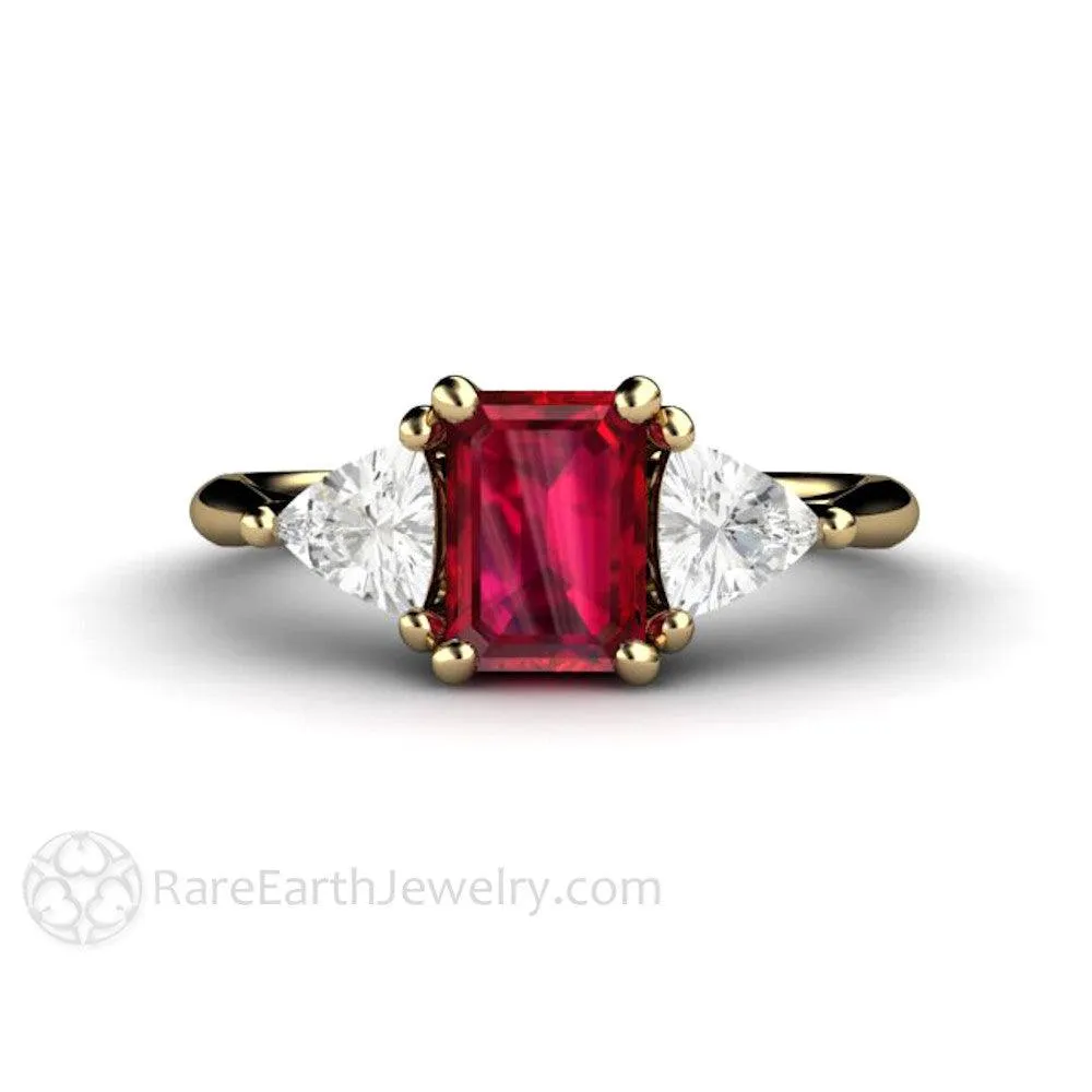 Ruby Emerald Cut Engagement Ring 3 Stone White Sapphire Trillions