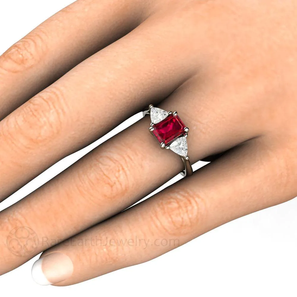 Ruby Emerald Cut Engagement Ring 3 Stone White Sapphire Trillions