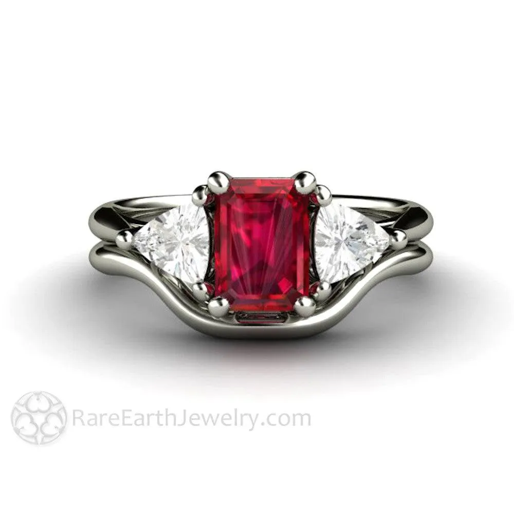 Ruby Emerald Cut Engagement Ring 3 Stone White Sapphire Trillions