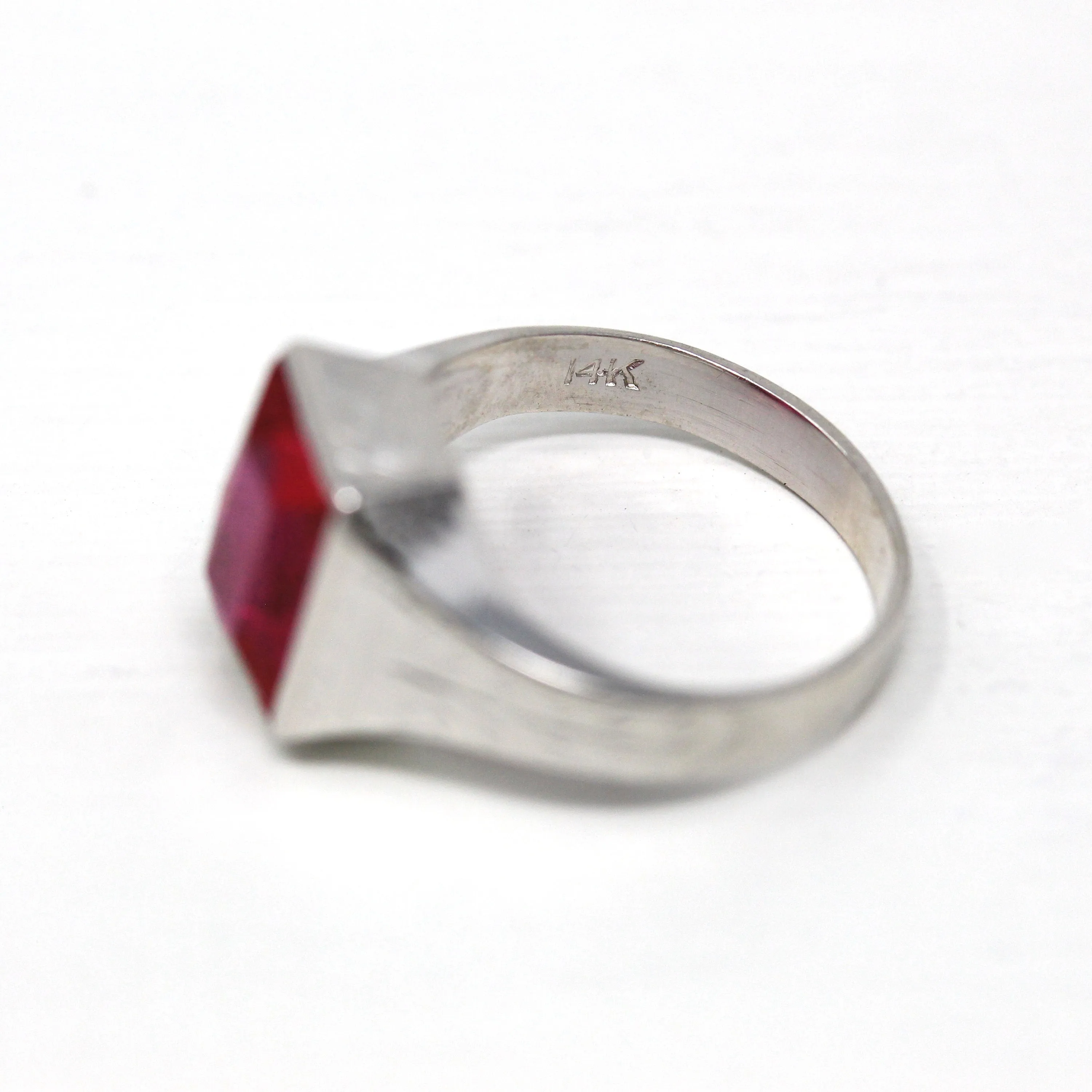 Sale - Created Ruby Ring - Art Deco 14k White Gold Rectangular Faceted 4.26 CT Pink Stone - Vintage 1930s Size 6 1/4 July Birthstone Jewelry