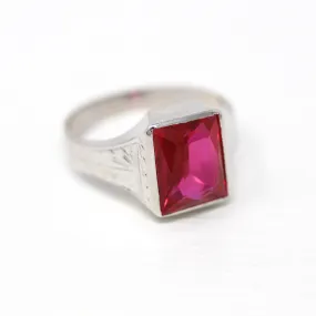 Sale - Created Ruby Ring - Art Deco 14k White Gold Rectangular Faceted 4.26 CT Pink Stone - Vintage 1930s Size 6 1/4 July Birthstone Jewelry