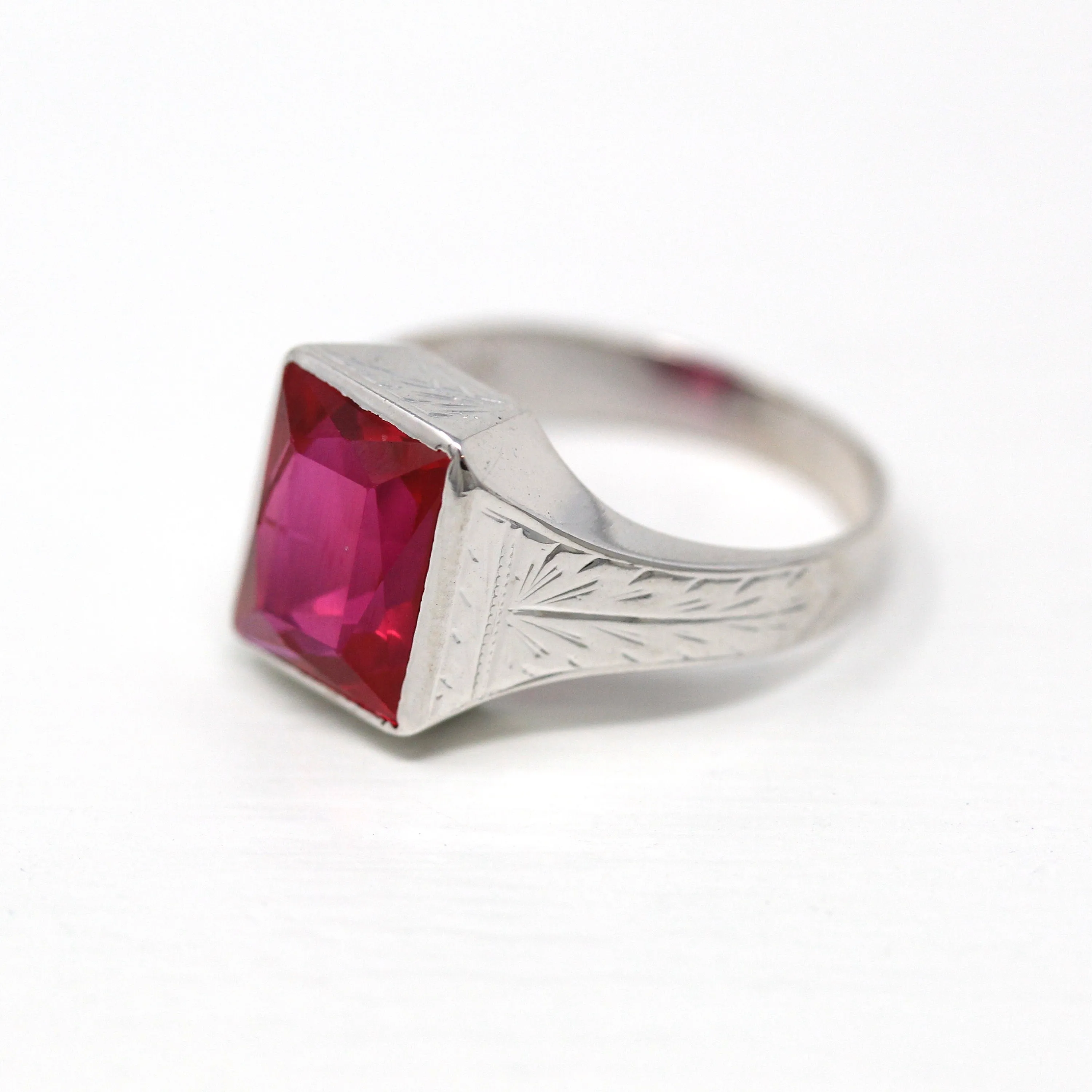 Sale - Created Ruby Ring - Art Deco 14k White Gold Rectangular Faceted 4.26 CT Pink Stone - Vintage 1930s Size 6 1/4 July Birthstone Jewelry