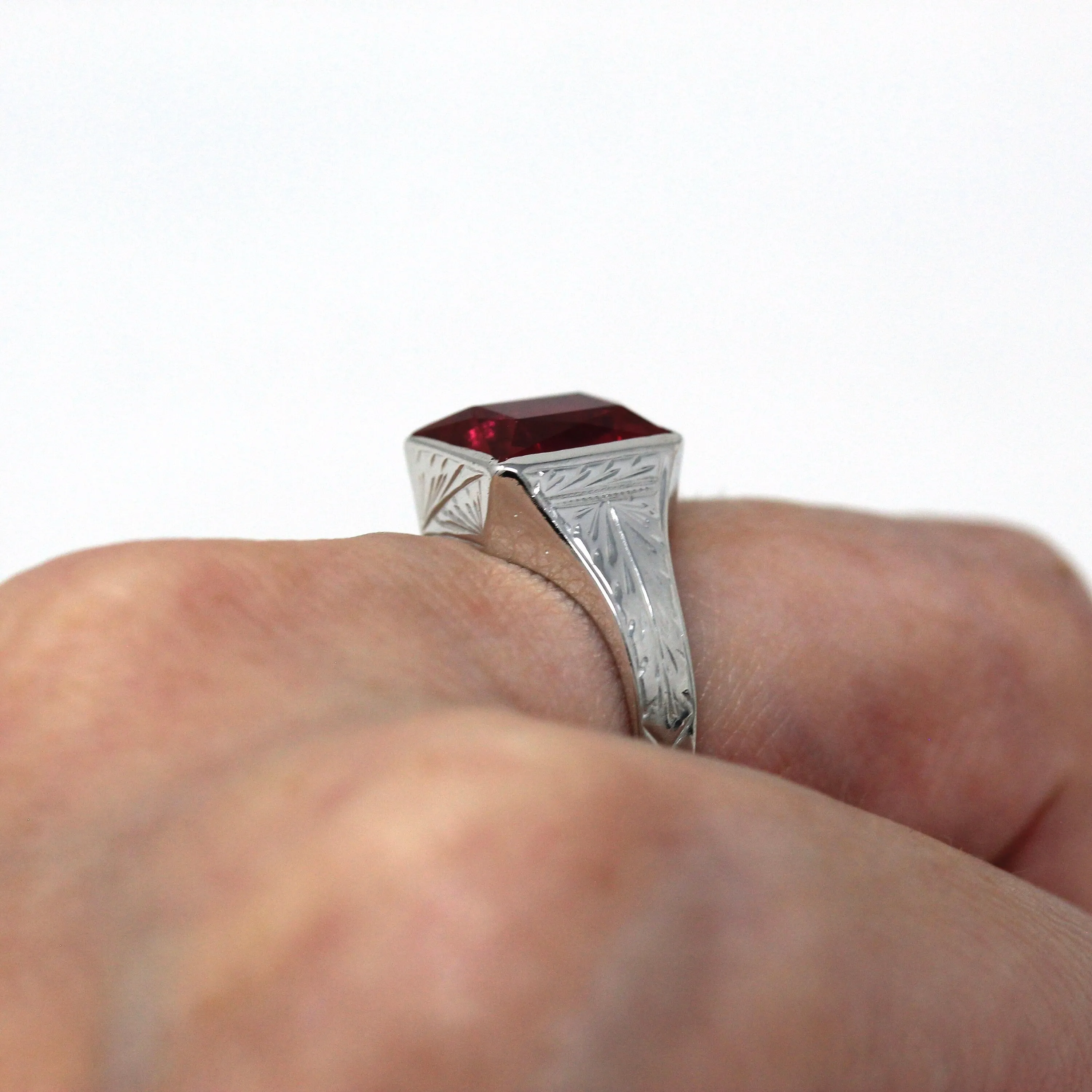 Sale - Created Ruby Ring - Art Deco 14k White Gold Rectangular Faceted 4.26 CT Pink Stone - Vintage 1930s Size 6 1/4 July Birthstone Jewelry